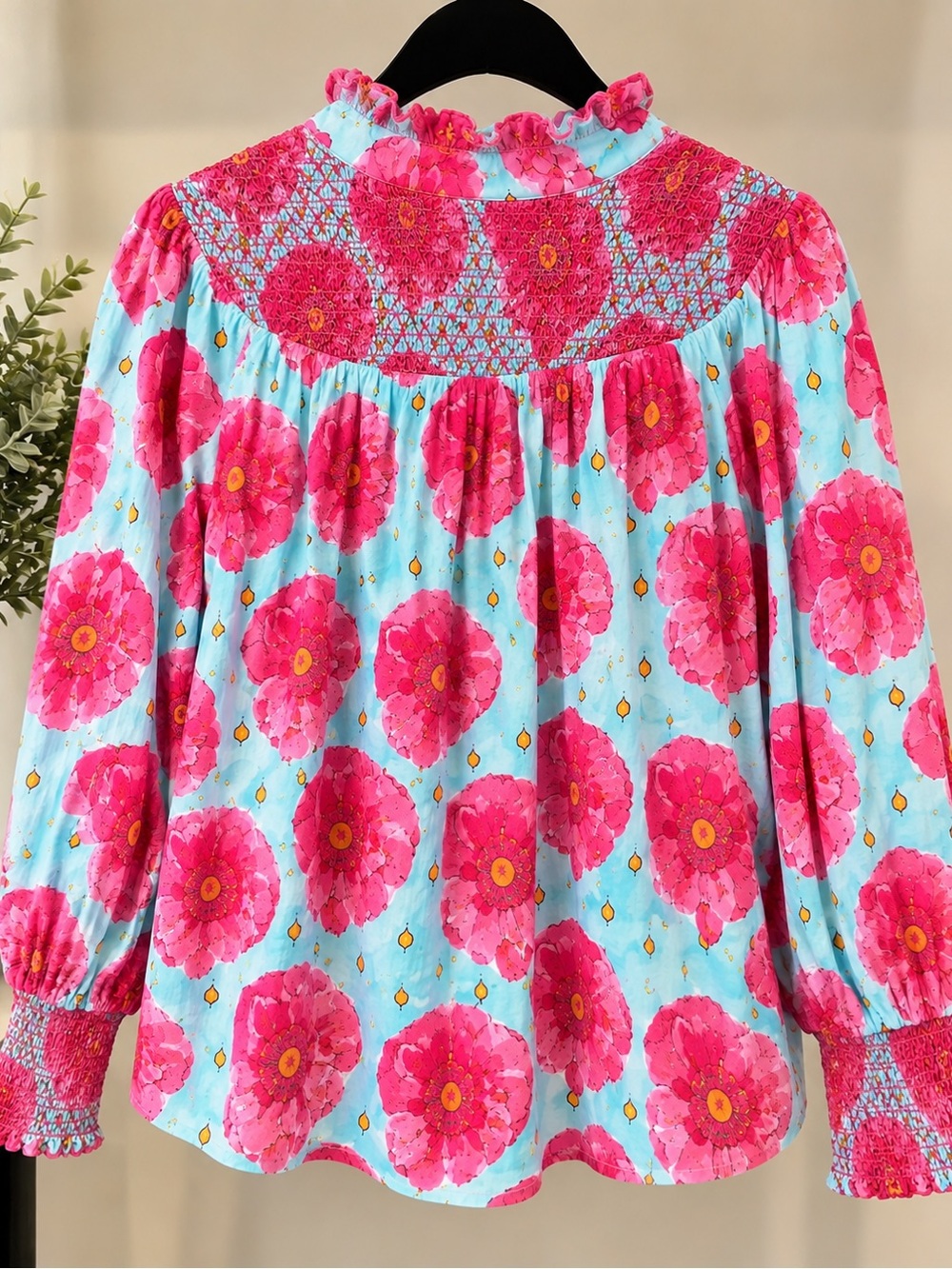 Victoria Dunn Floral Smocked Blouse Medium Pink Blue Ruffle Balloon Sleeve